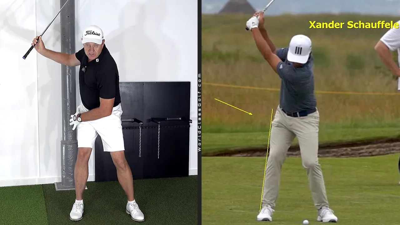 Split-screen comparison of an instructor and Adam Scott beginning the golf downswing