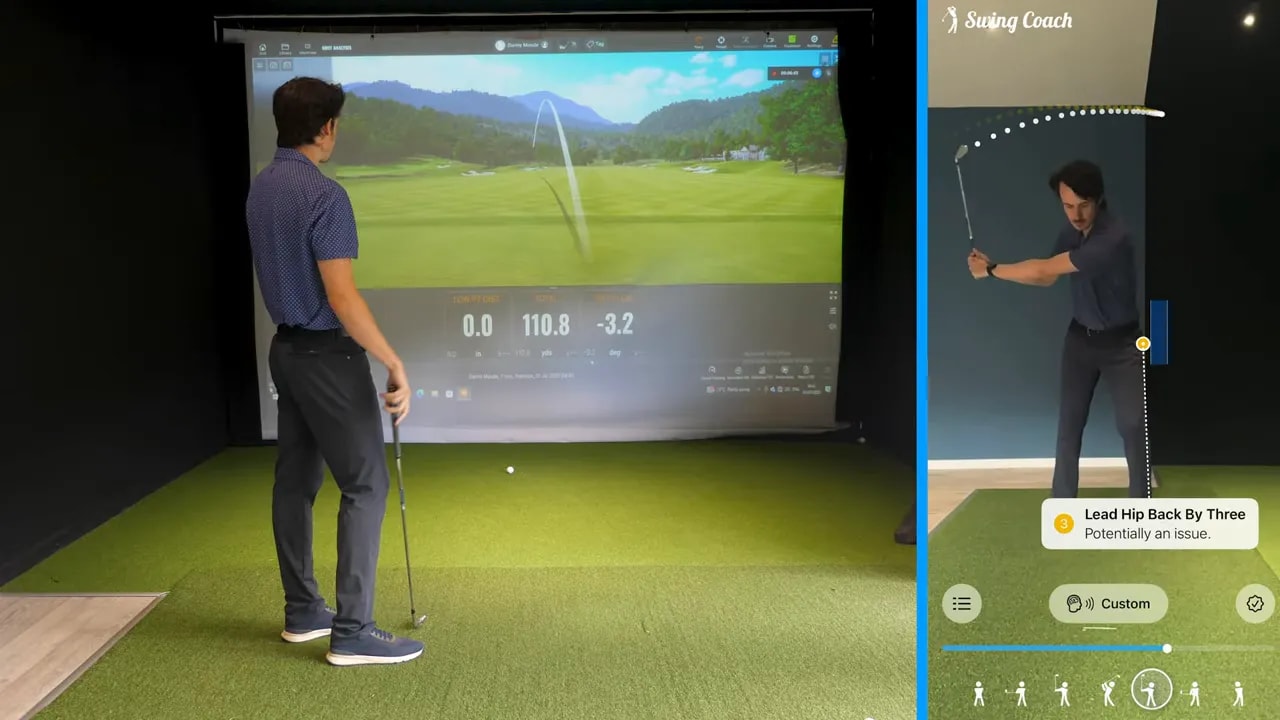 Phone screen showing swing analysis with drawn arm line and measurement markers