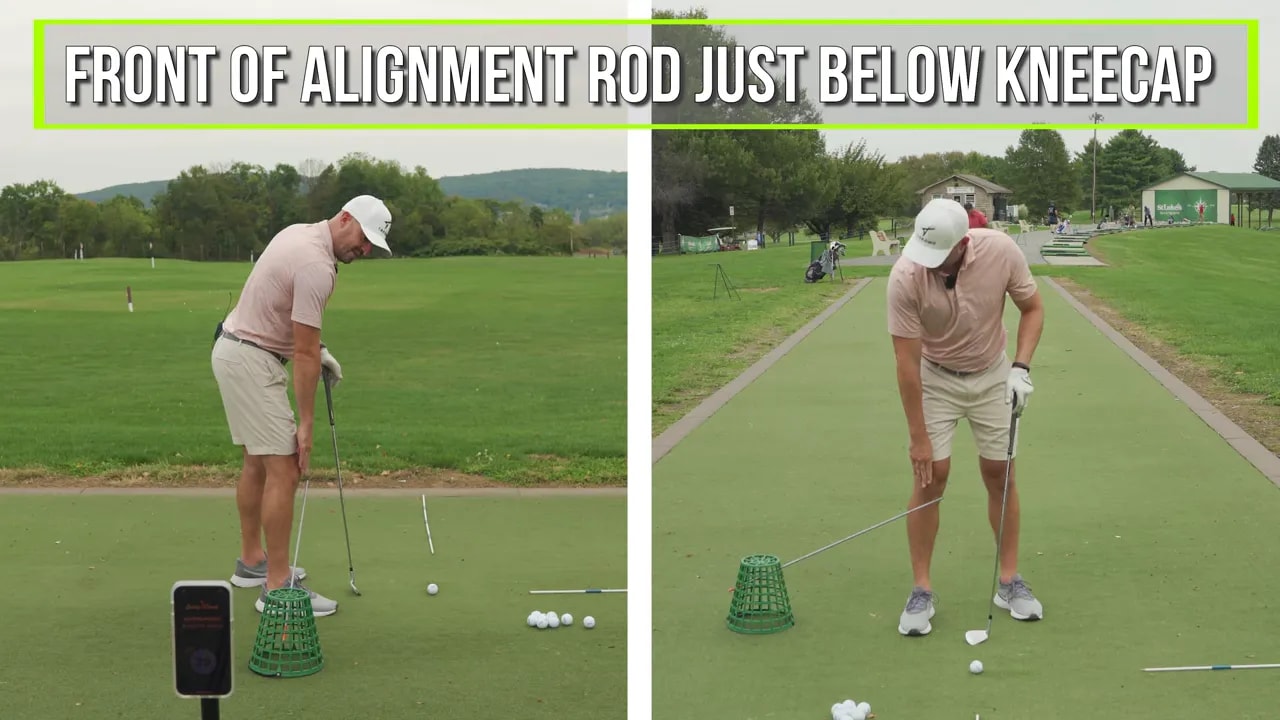Split screen setup with alignment rod and text front of alignment rod just below kneecap
