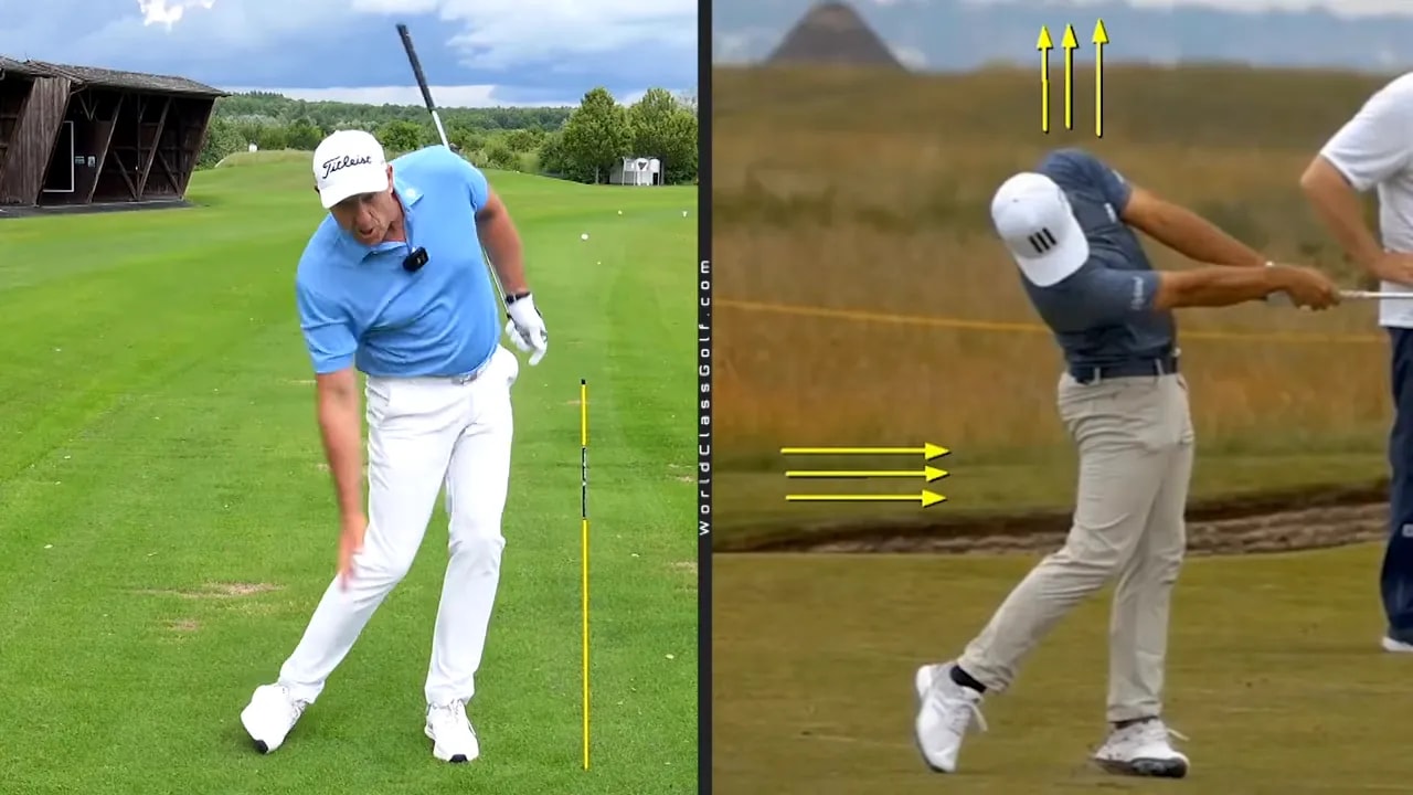 Instructor and professional golfer demonstrating a golf downswing beside a vertical alignment stick