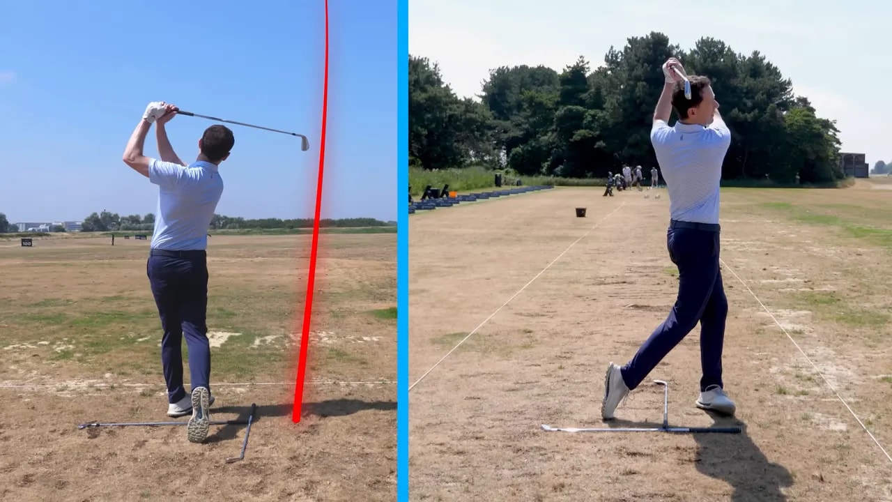 Split screen of golfer finishing an iron shot with a red line rising ahead of the strike area