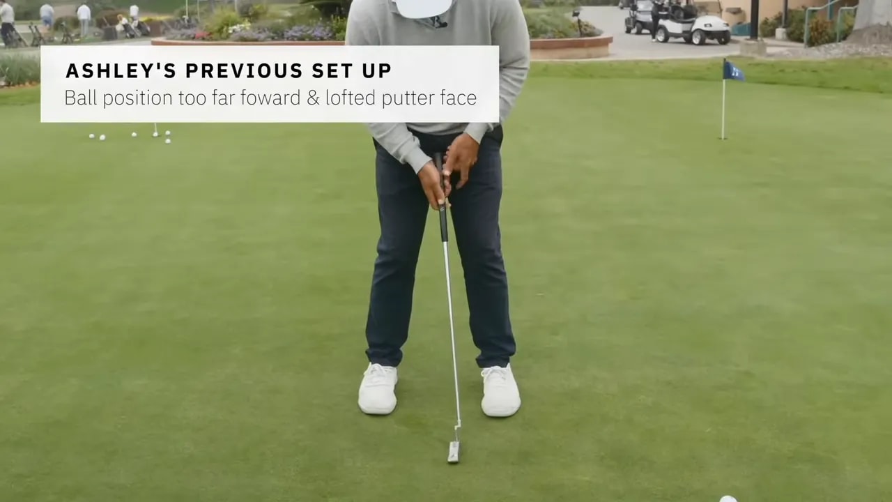 text overlay showing previous putting setup with ball position too far forward