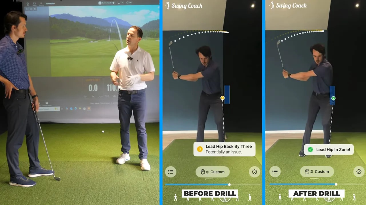 Three panel comparison showing before drill and after drill swing analysis on phone screens