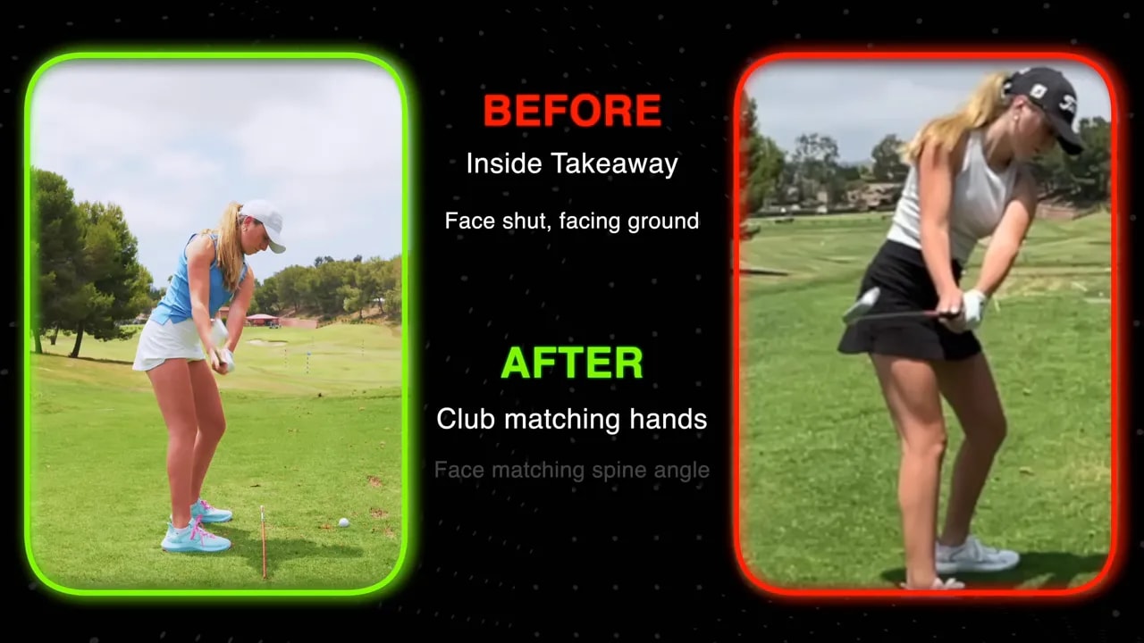 Before and after golf swing analysis showing takeaway positions
