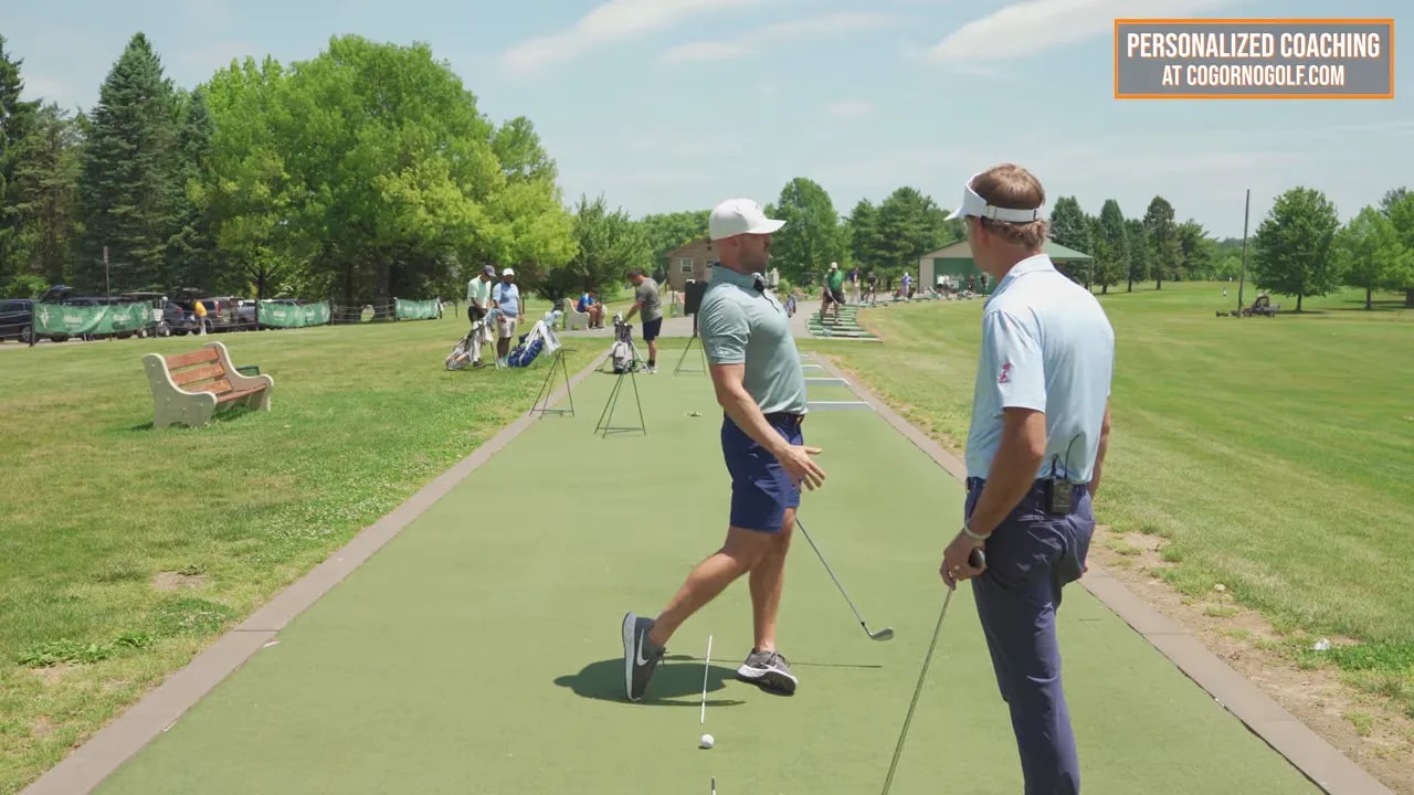 Split-screen golf finish with text saying feel pushing belt buckle up and forward