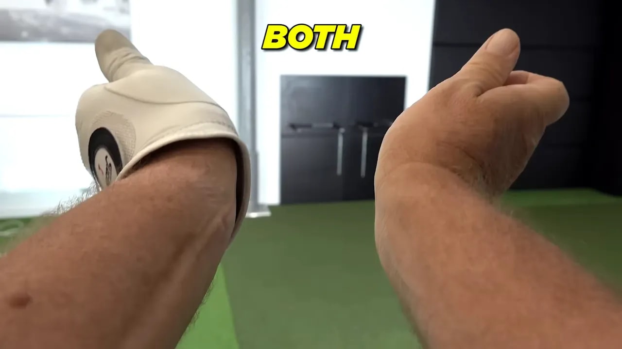 two forearms held in front with both wrists bent back and yellow text reading both