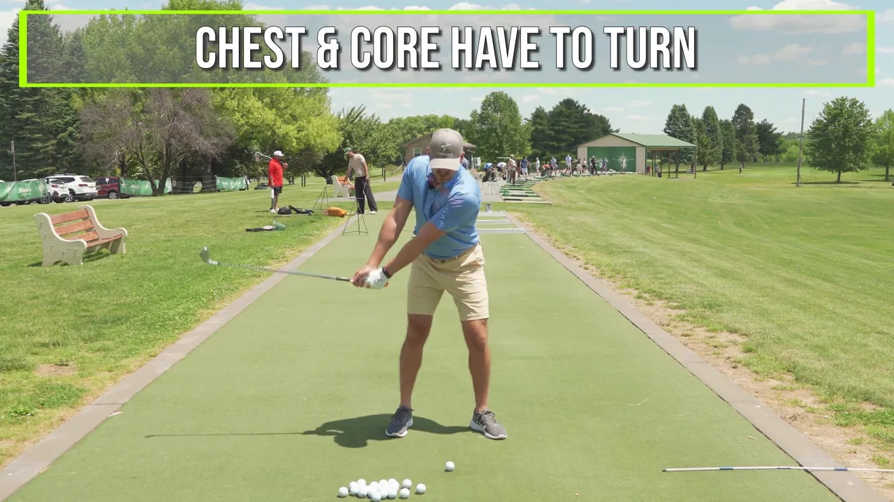 Golfer at takeaway with chest and core have to turn text and orange shoulder circle