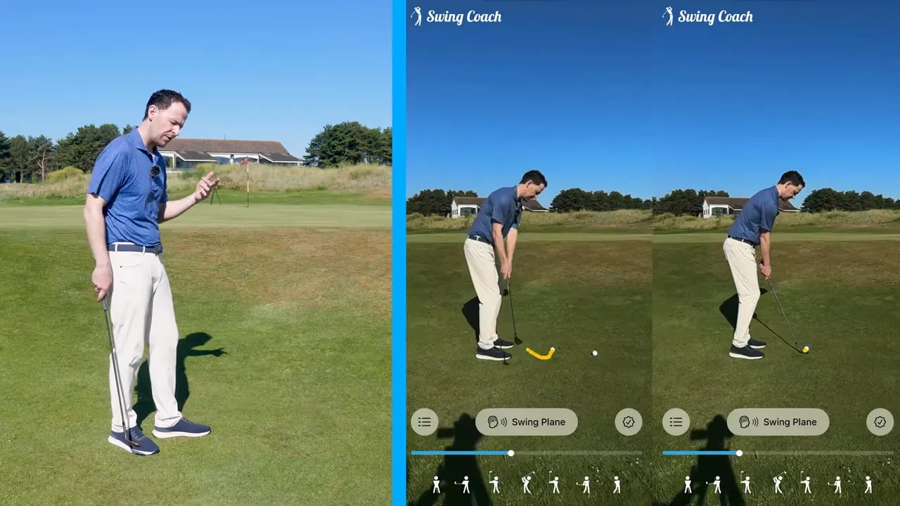Split screen comparison of two chip swing positions shown in a coaching app