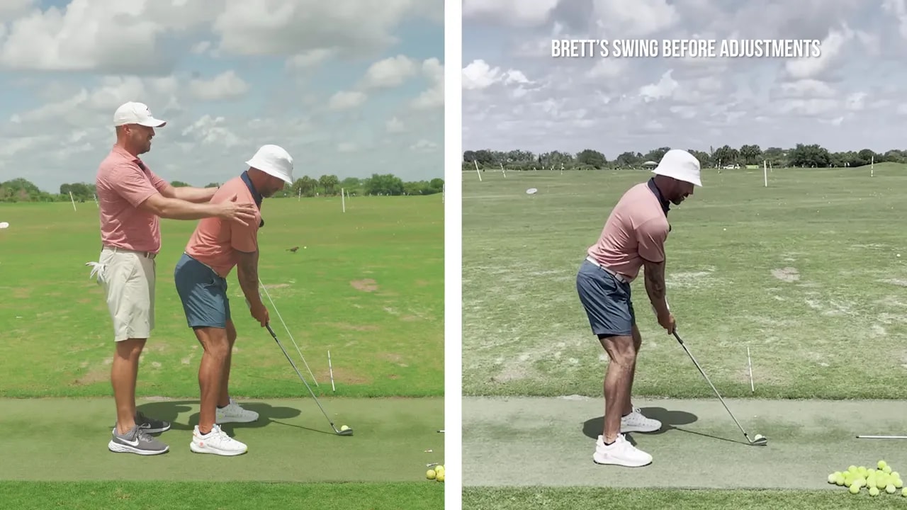 Instructor standing beside golfer at setup demonstrating slightly closed shoulder alignment