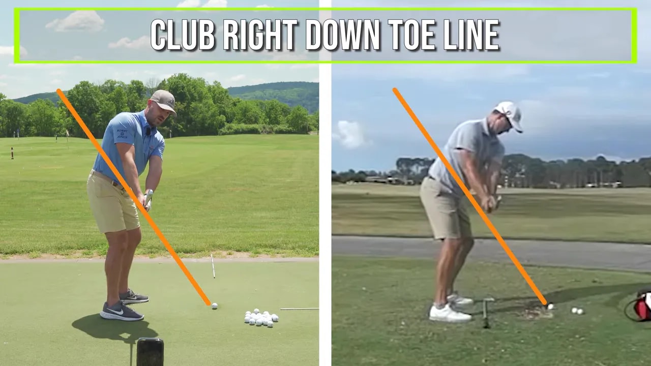 Side by side golf takeaway positions with orange plane lines and club right down toe line text