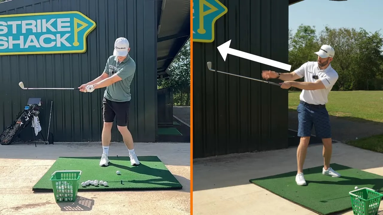 Split screen demonstration with an arrow showing the club moving up and back