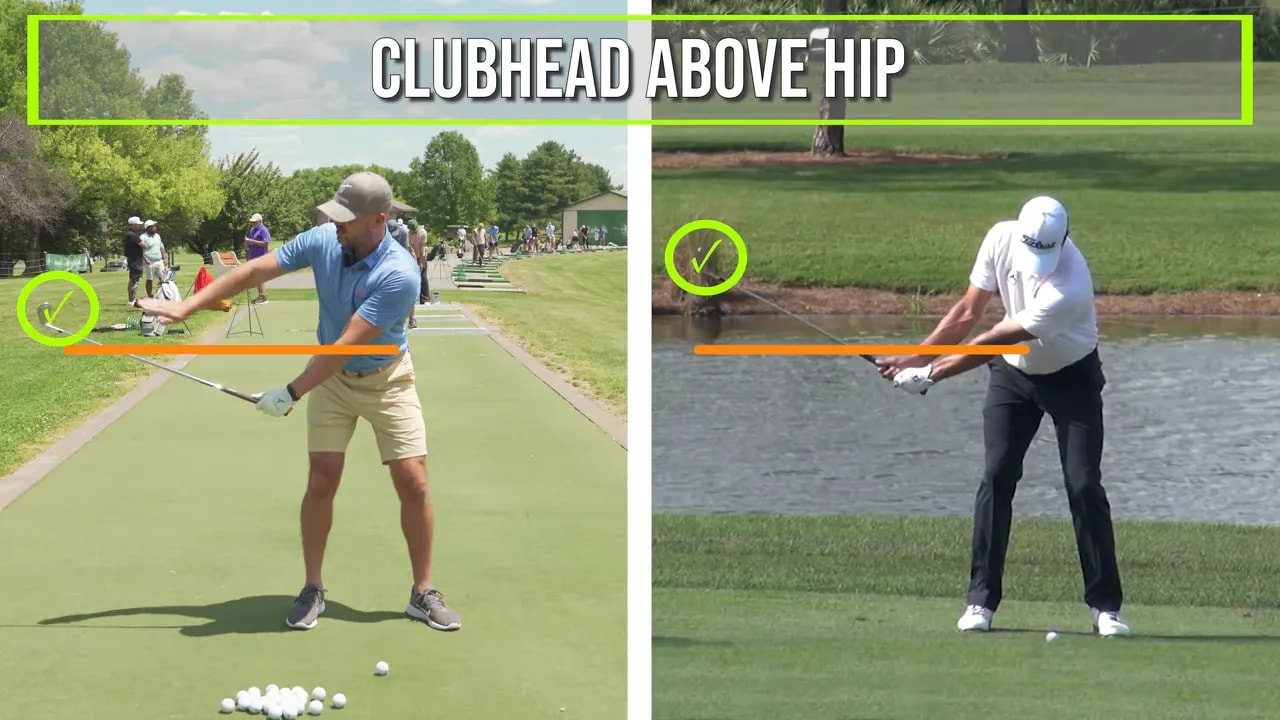 Two golfers at takeaway with orange hip lines and clubheads shown above hip height