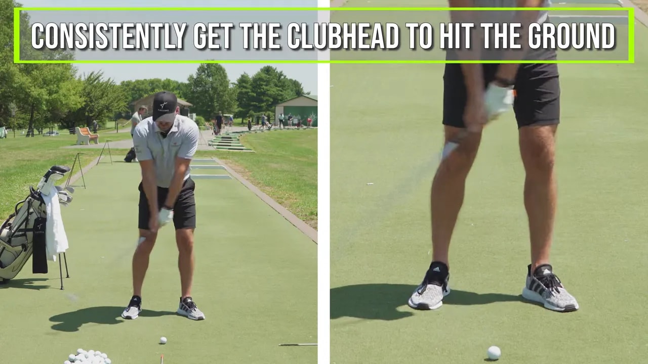 Split screen shows a golfer swinging with a close-up of the clubhead contacting the turf