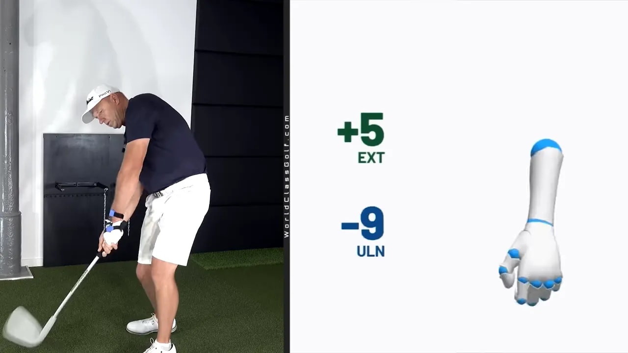 split screen of golfer at impact with wrist data graphic showing plus 46 ext and plus 1 rad