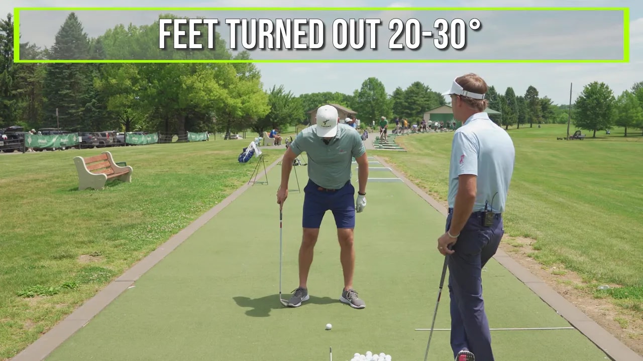 Golfer at address with feet turned out and on-screen text showing 20 to 30 degrees