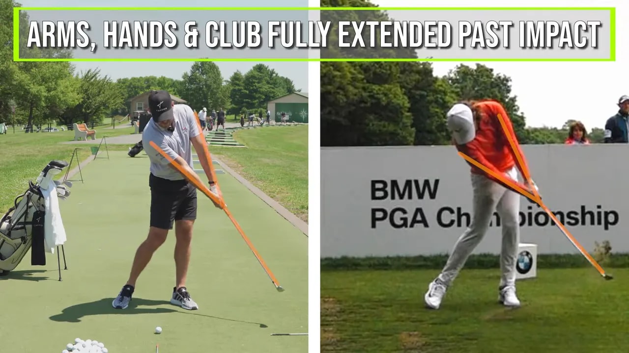 Split screen shows golfers with orange lines illustrating fully extended arms hands and club past impact