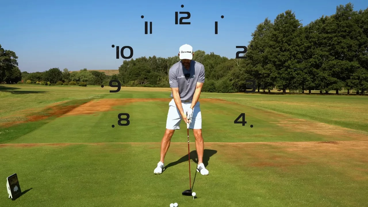 Golfer at address with a clock face graphic around the backswing area