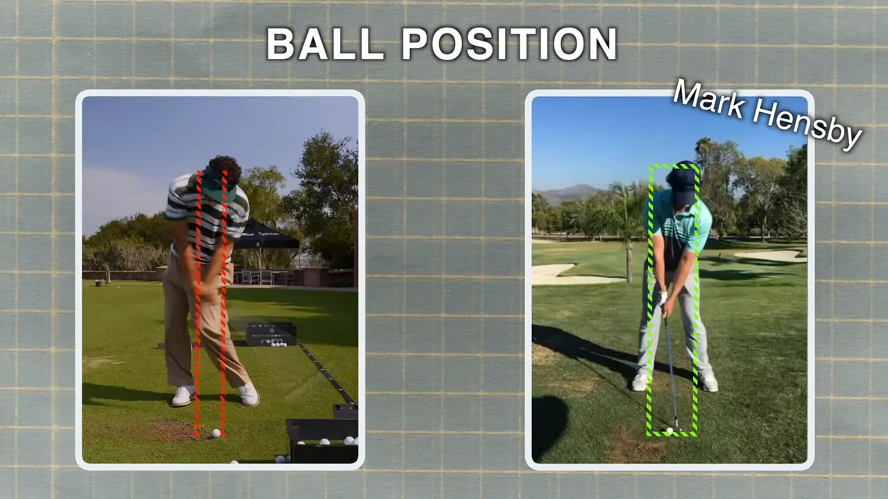 Ball position comparison graphic with two golfers at address