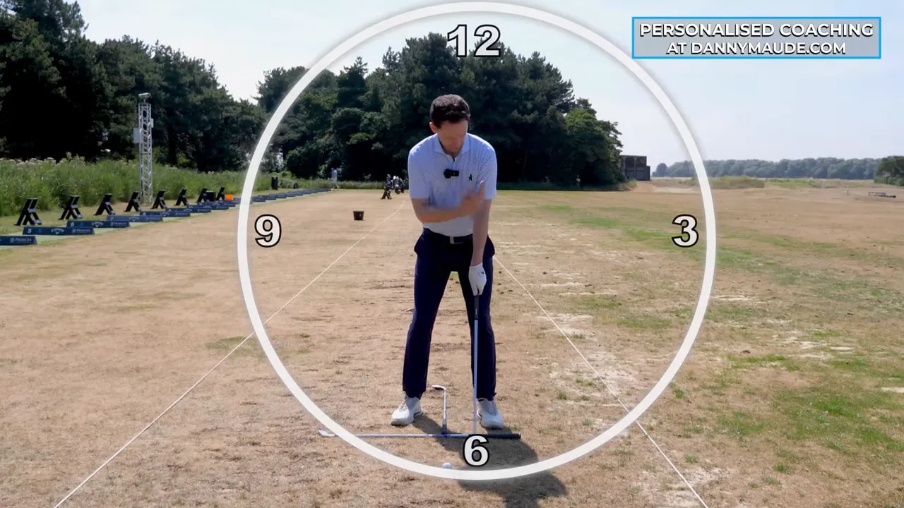 Golfer standing inside a clock graphic with six o'clock marked near the ground