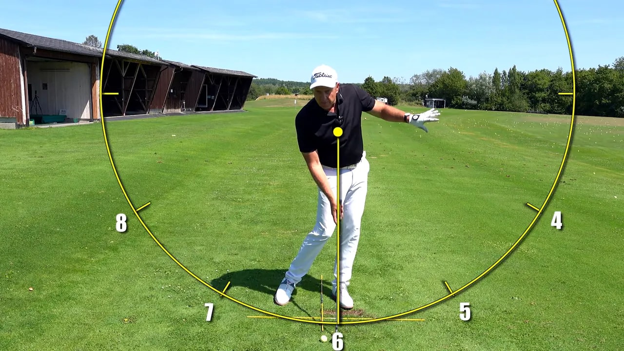 Golfer at impact with a swing arc graphic and low point marker