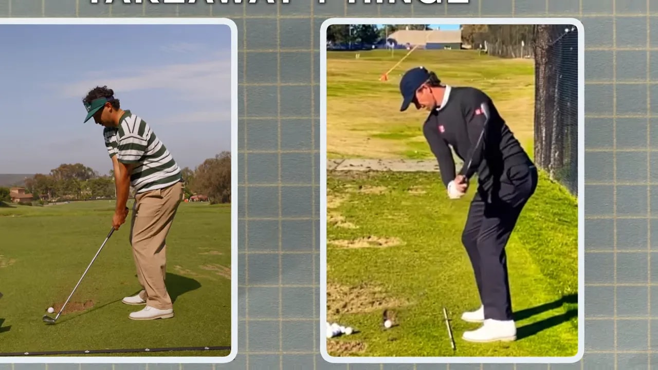 Takeaway and hinge comparison graphic with golfers at address