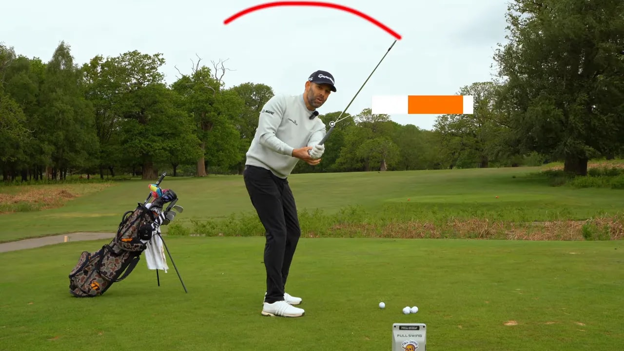 Golfer in downswing with curved red line and too steep text