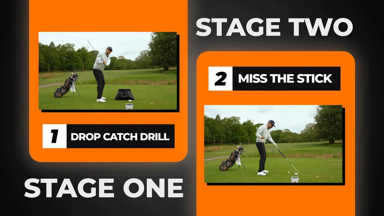 Graphic showing stage one drop catch drill and stage two miss the stick