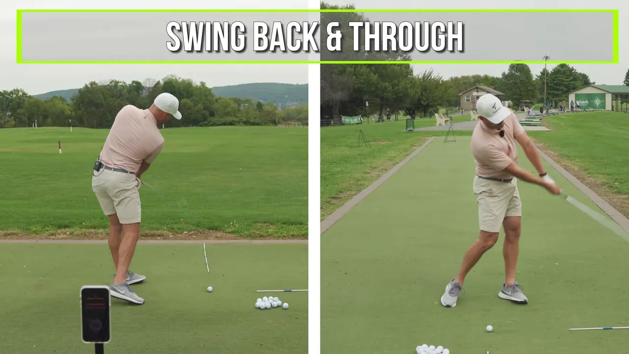 Split screen half swing demonstration with text all of weight on inside big toe