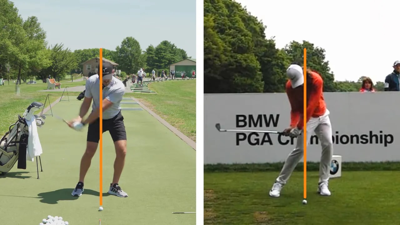 Split screen of golfers through impact with text reading head stays over the ball