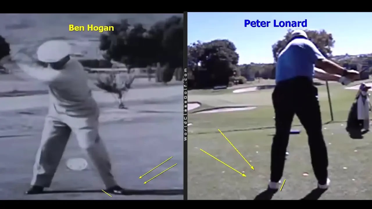 split screen of Ben Hogan and Peter Lonard swings with yellow lines marking lower body movement