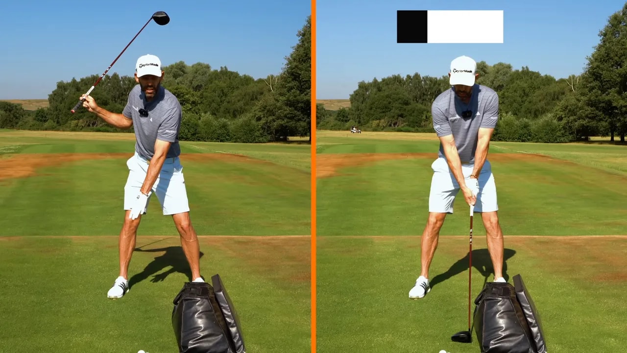 Split screen showing golfer at the top of the swing and at setup beside an impact bag