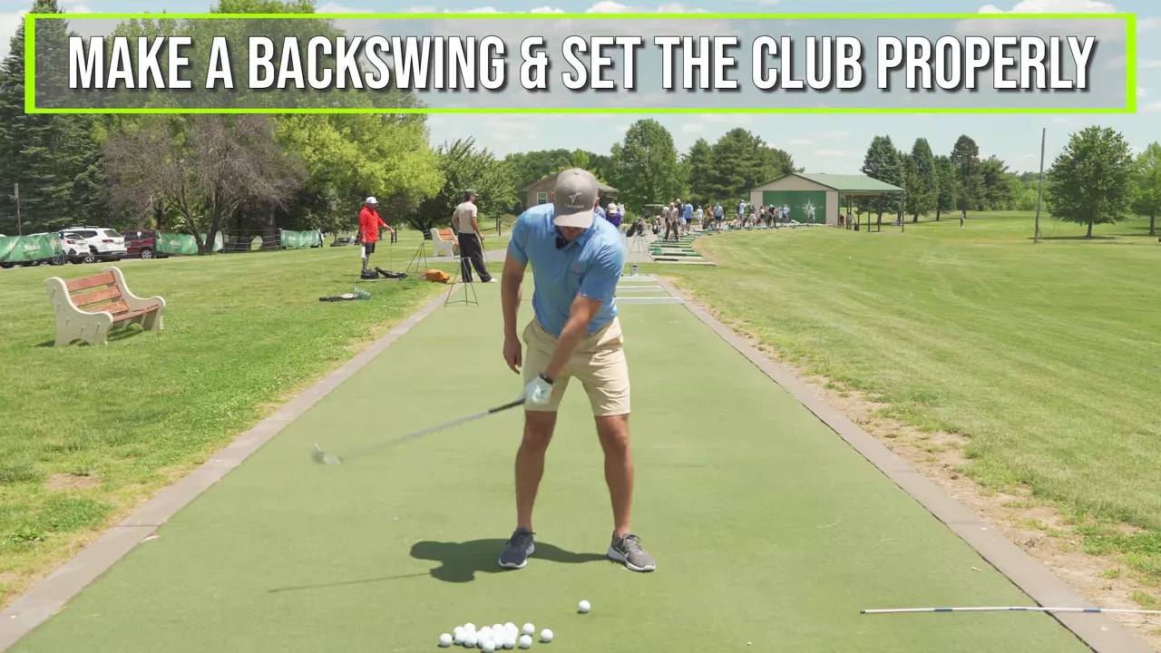 Golfer performing a lead hand only takeaway drill with make a backswing and set the club properly text