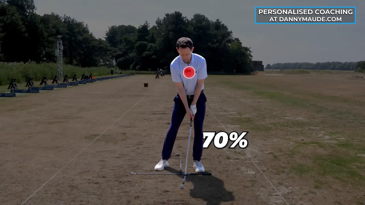 Golfer at address with a red chest marker and 70 percent displayed near the lead side