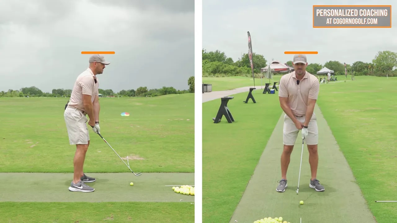 split screen showing takeaway with orange line across head level to emphasize steady height