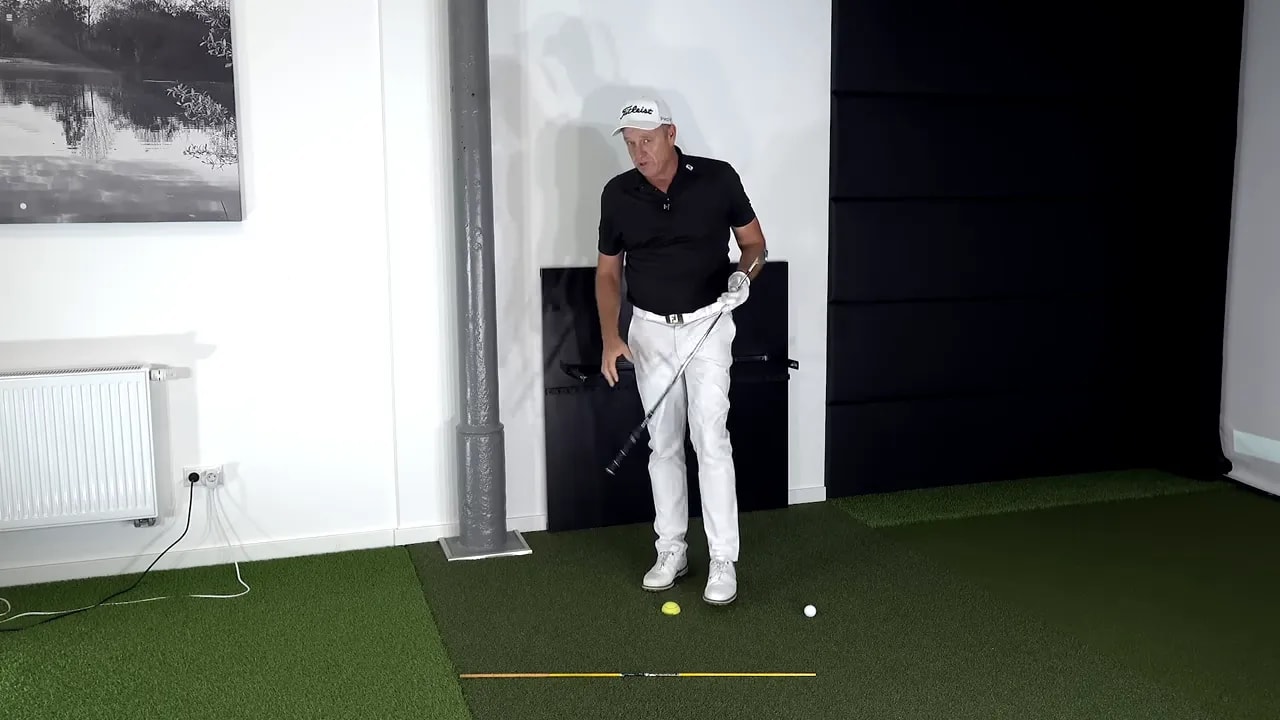 split screen showing PGA average model and professional golfer both labeled 65 degrees