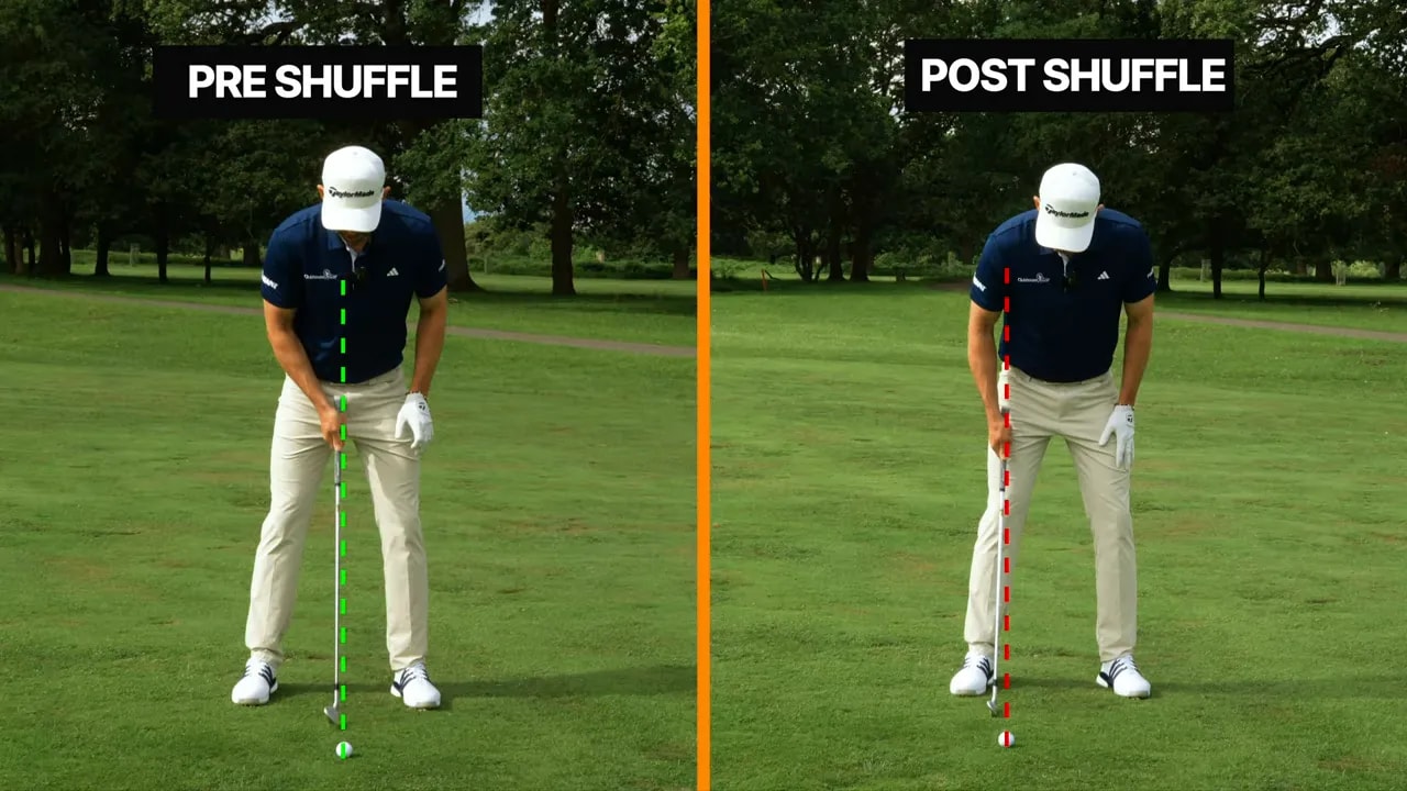 Side by side golf setup comparison labeled pre shuffle and post shuffle