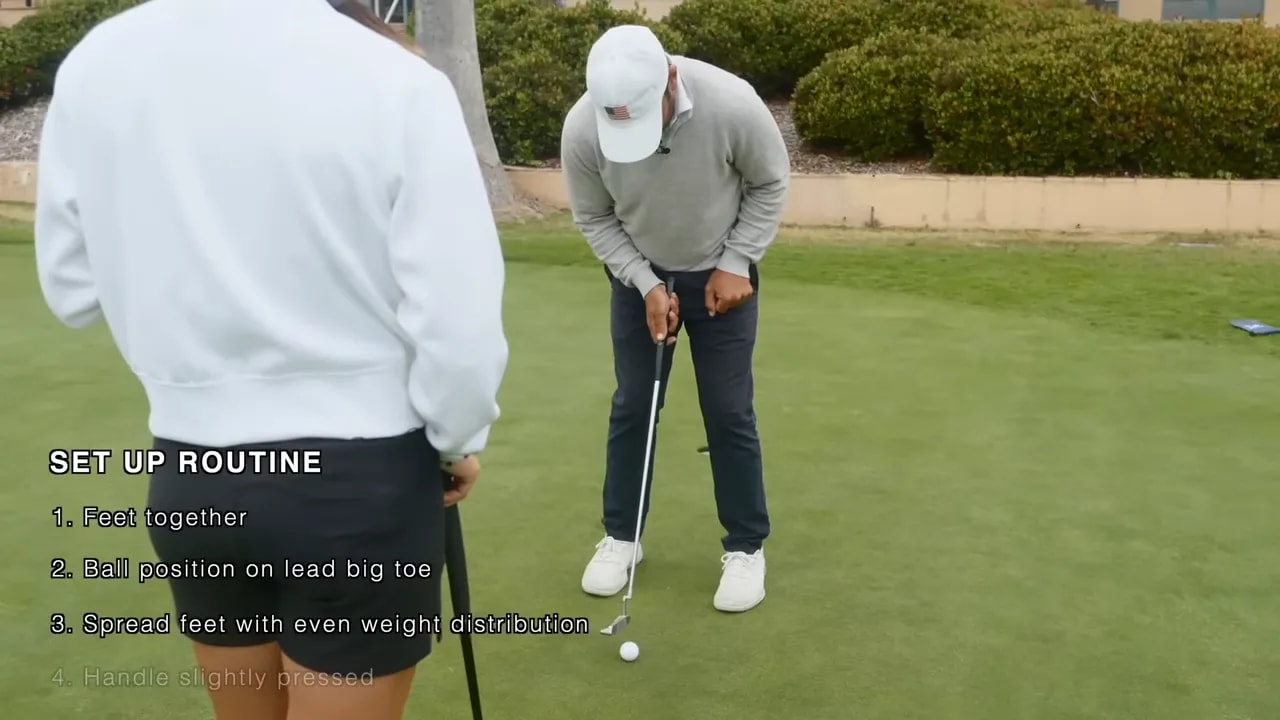 text overlay listing putting setup routine steps beside golfer at address