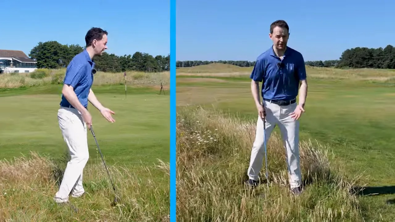 Split screen showing a chip shot from rough and a front view of the same setup in tall grass