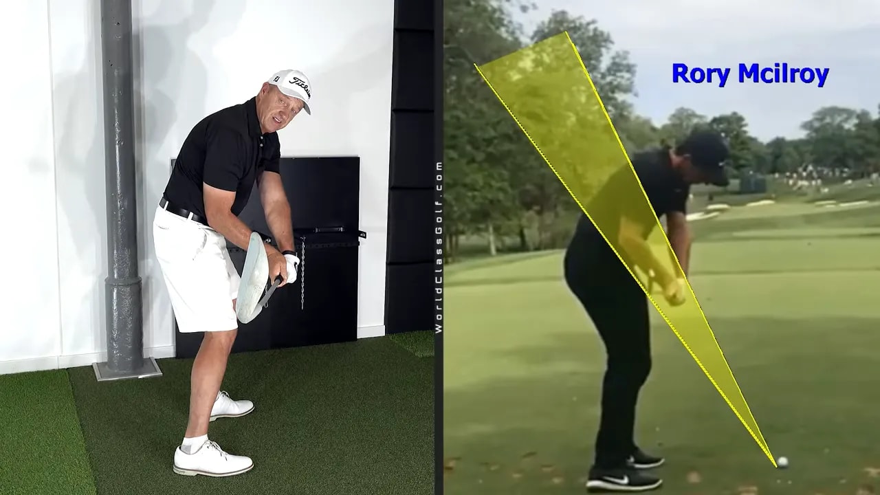 Side-by-side comparison of Sergio Garcia and an amateur golf downswing with yellow arm-path lines