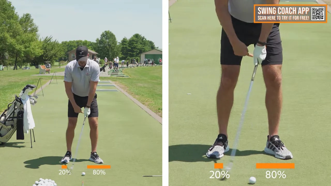 Split screen shows a golfer shifting from balanced feet to 20 percent trail foot and 80 percent lead foot