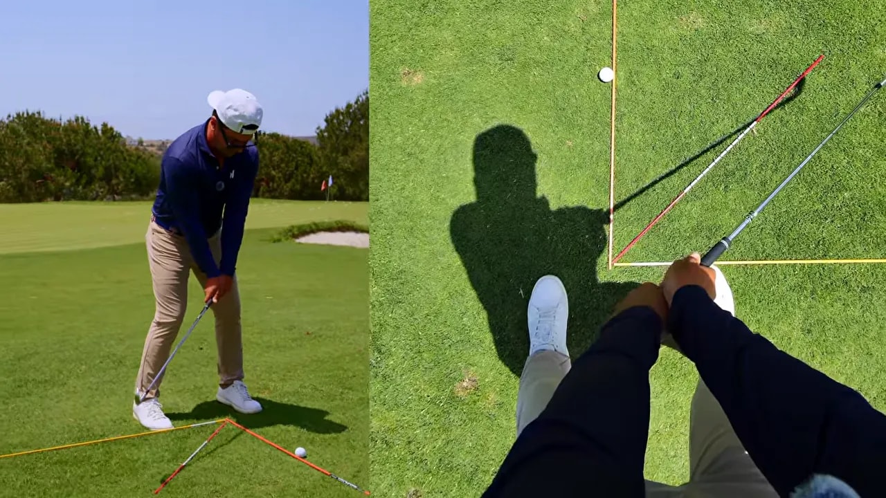 Split screen showing side view and top view of takeaway with club tracking along guide lines