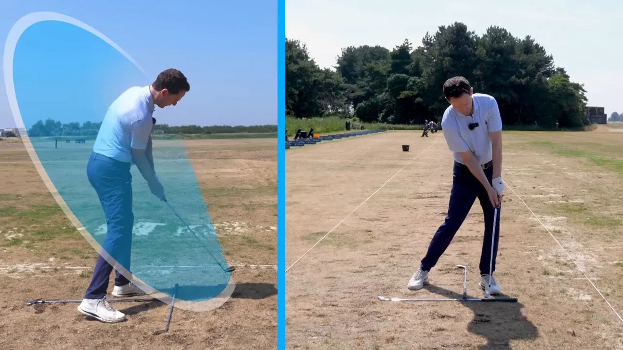 Split screen showing a side view swing arc graphic and a front view trail arm demonstration
