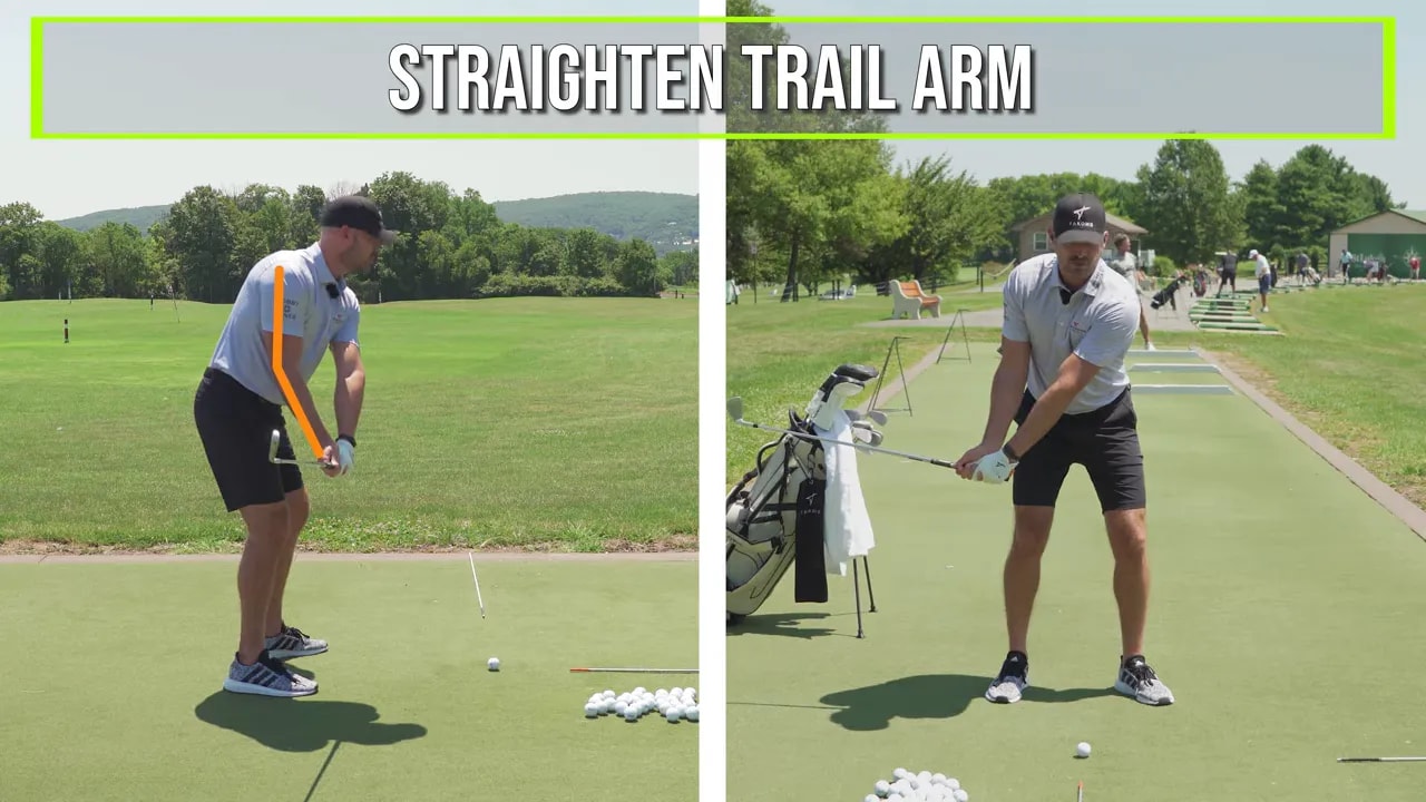 Split screen shows a golfer with orange arm lines and text reading straighten trail arm