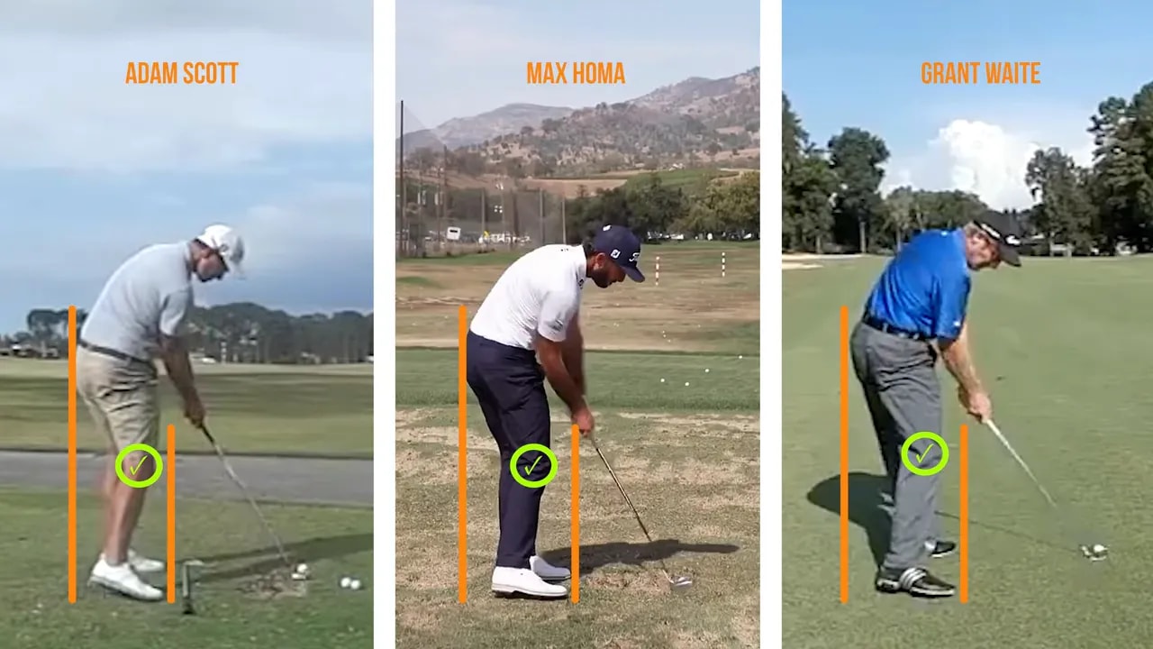 Three golfers at impact with vertical guide lines and circles highlighting trail knee position