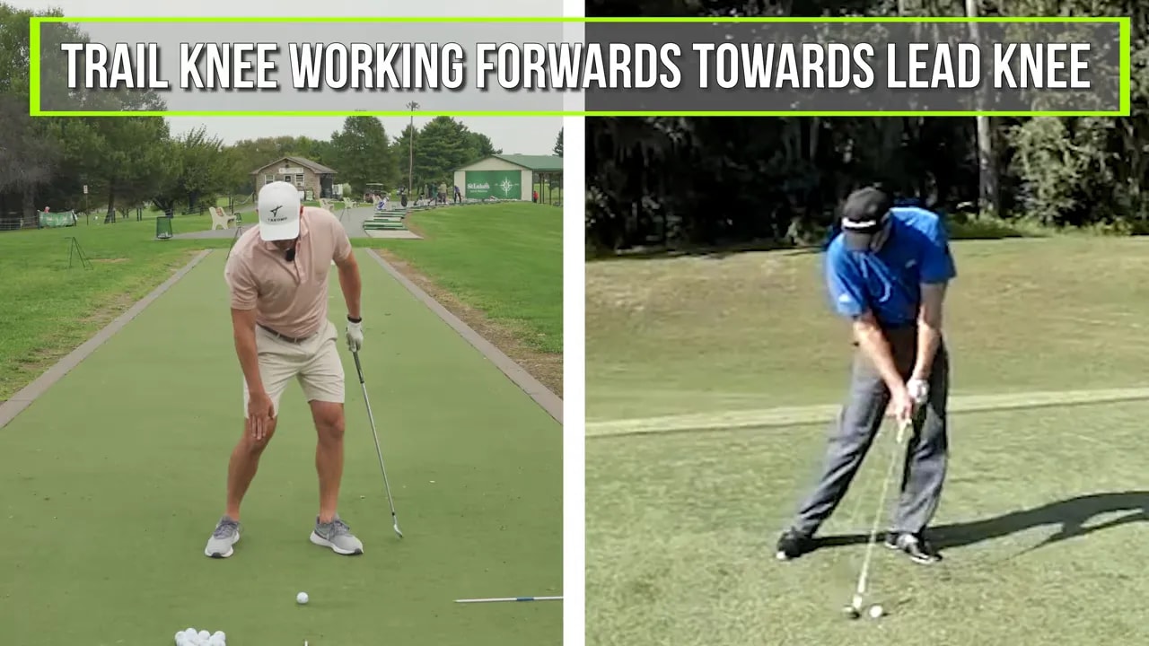 Split screen showing instructor and golfer with text trail knee working forwards towards lead knee
