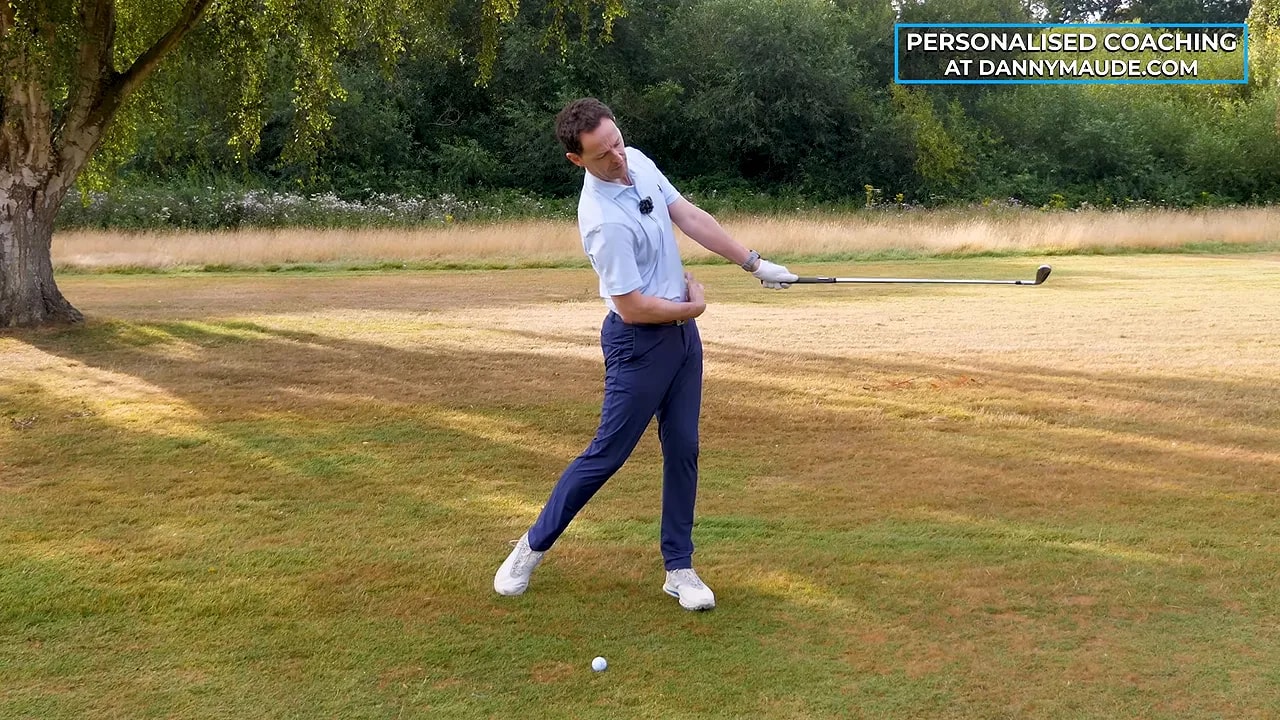 Three-panel swing analysis showing correct and wrong movements through impact