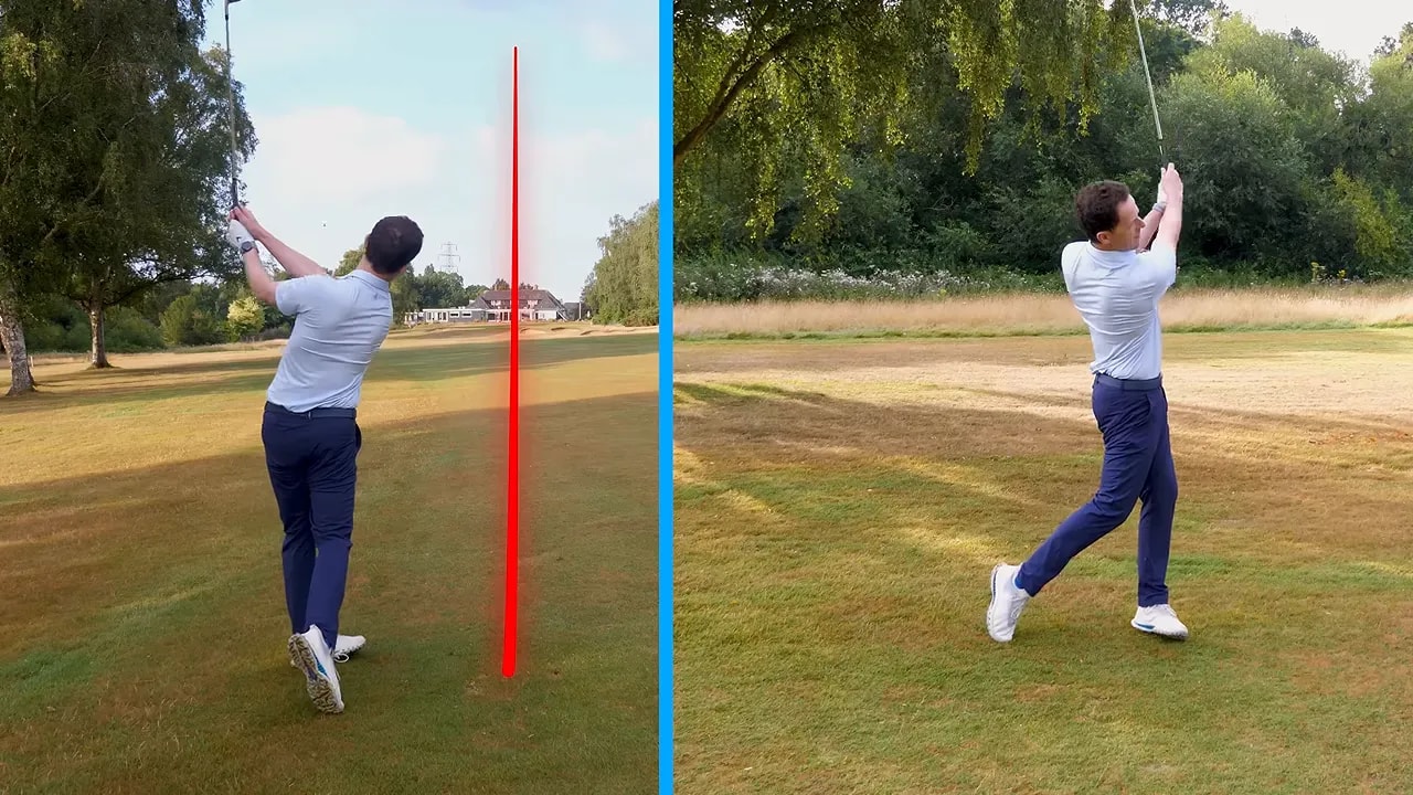Split-screen replay of two golf swings with a red vertical reference line