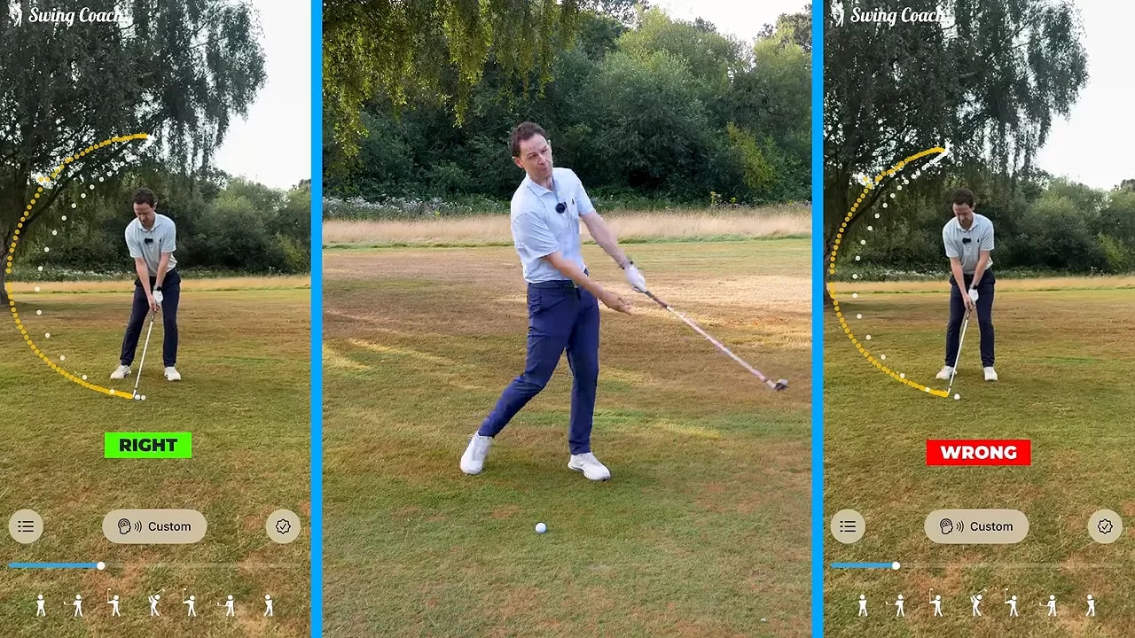 Three-panel comparison showing correct and wrong golf swing movements