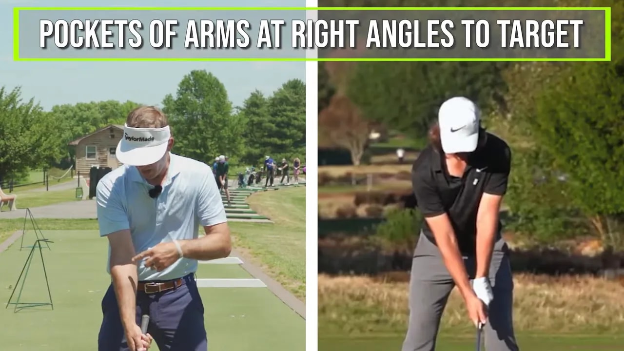 Split-screen showing arm pockets at right angles to the target line