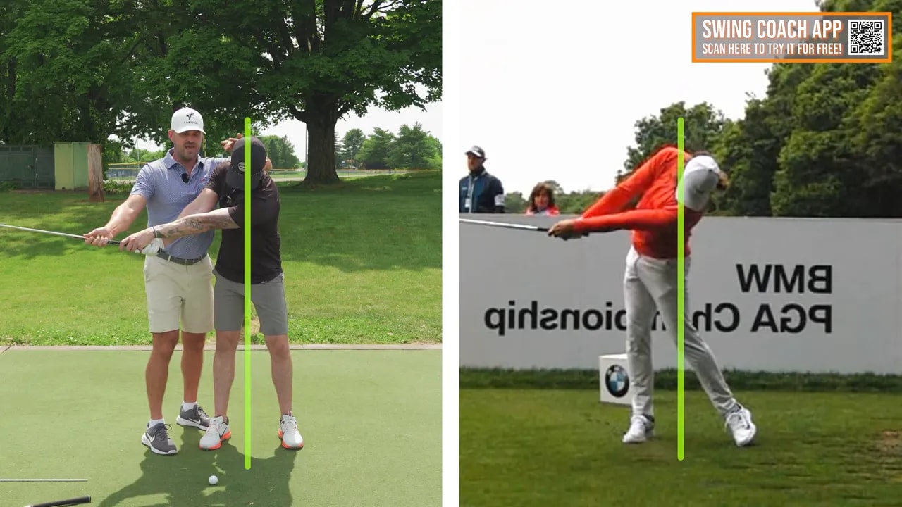 Side-by-side images of golfers with extended arms through impact and vertical reference lines near the head